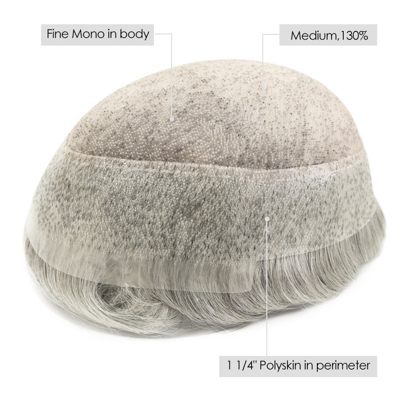 Mens Toupee Human Hair Replacement System Fine Mono Poly Skin Hairpiece 8×10 MPU