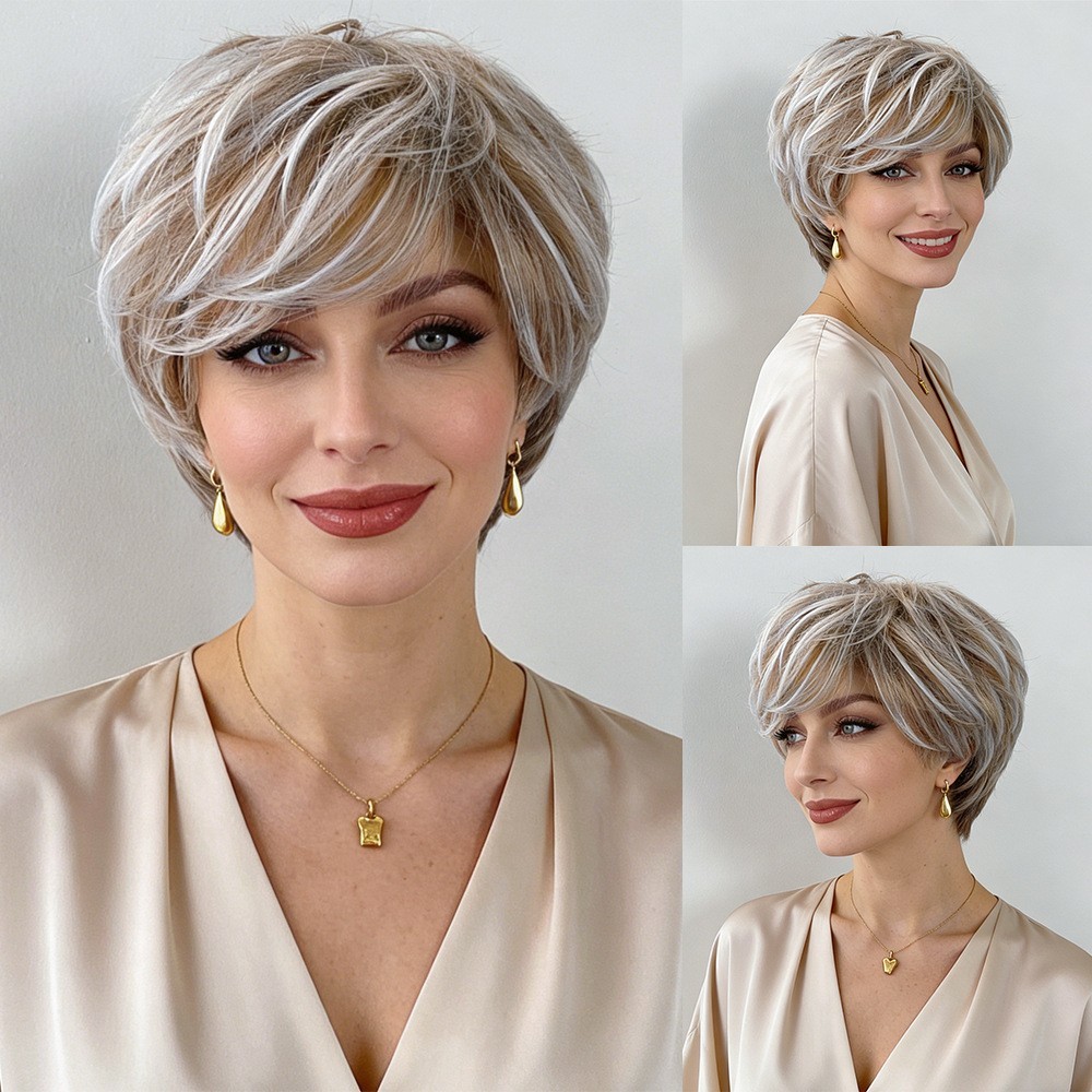Women’s Short Layered Pixie Cut Wig Ombre Ash Blonde Synthetic