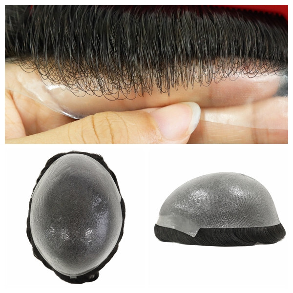 Mens Toupee Hair System Hairpiece 0.03 Thin Skin Human Hair Jet Black Mirage#1