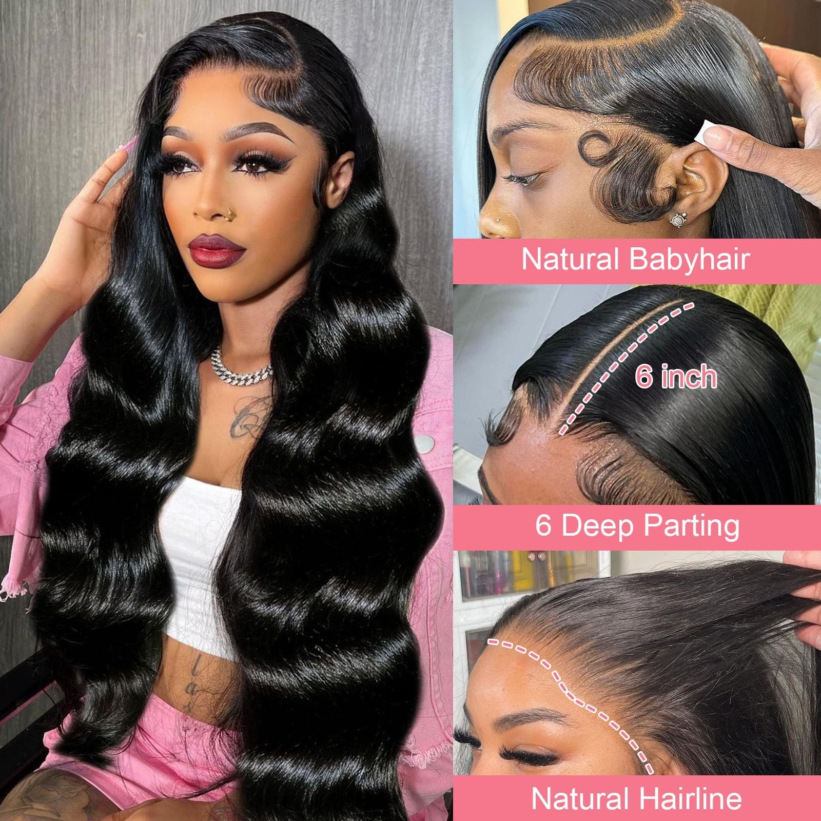 40″ 13×6 Body Wave Lace Front Wig, 250% Density, HD Glueless, Pre-Plucked, Natur