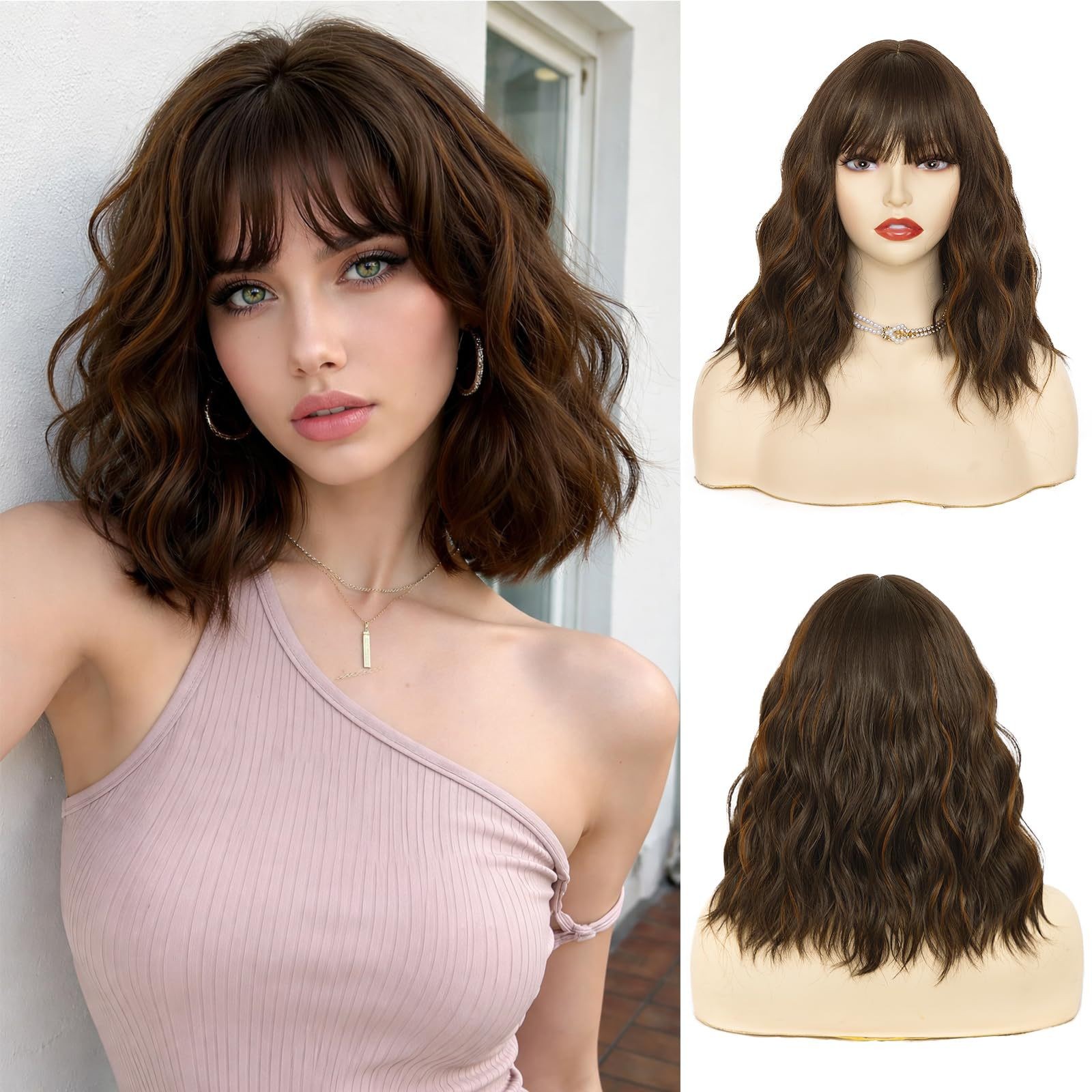 Brown Short Water Wave Curly Wig for Women Synthetic Natural Heat Resistant
