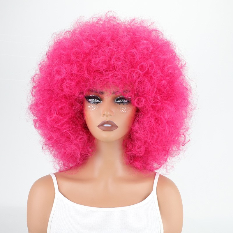 Hot Pink Afro Wigs for Black Women 70s Short Afro Kinky Curly Wig with Bangs Fl