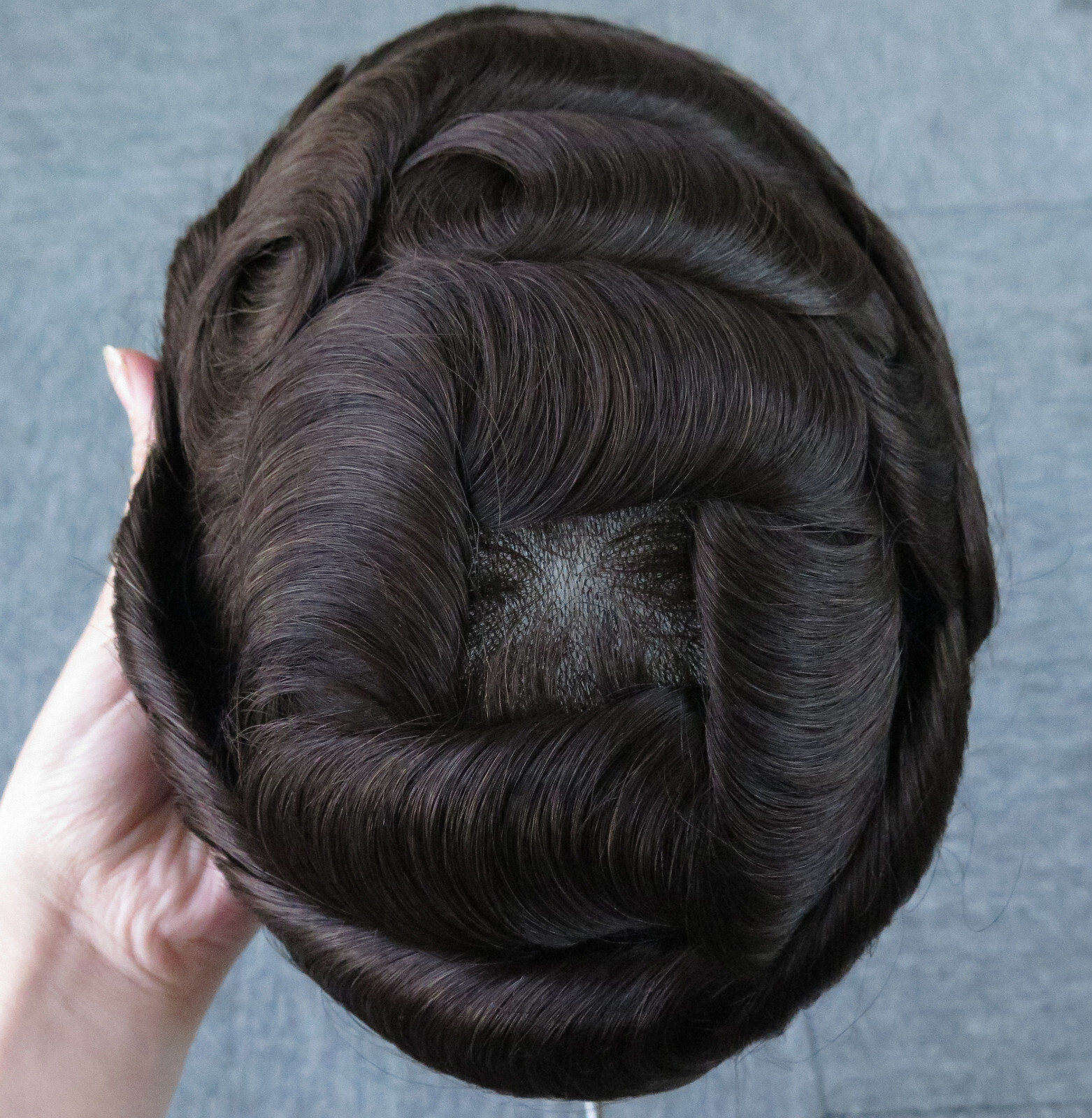 Mens Thin Skin Toupee Human Hair Replacement System Hairpiece BIO Dark Brown #2