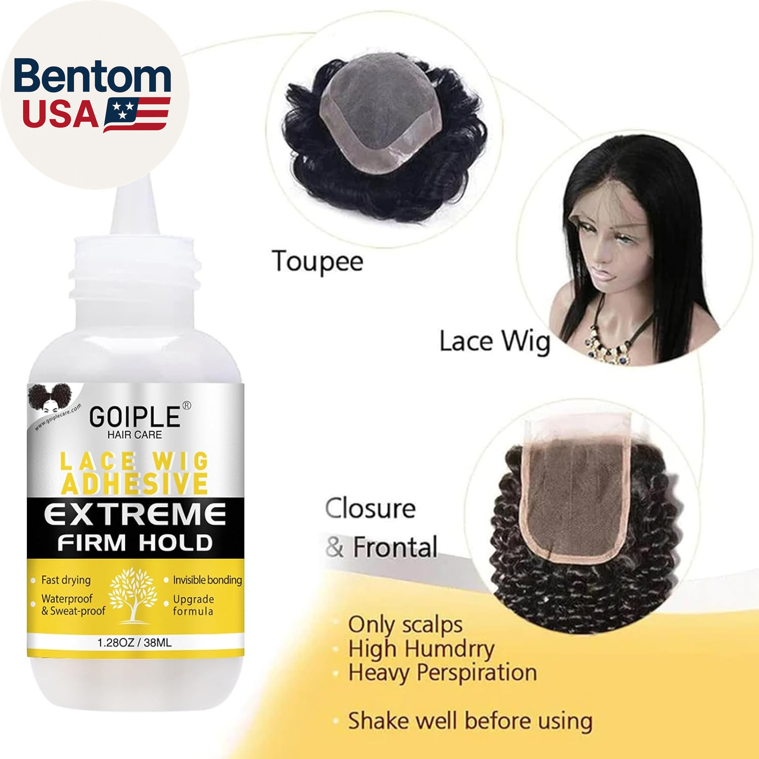 Wig Glue 1.28OZ, Waterproof Lace Front Adhsive for Wigs with Tools and Hair Wax
