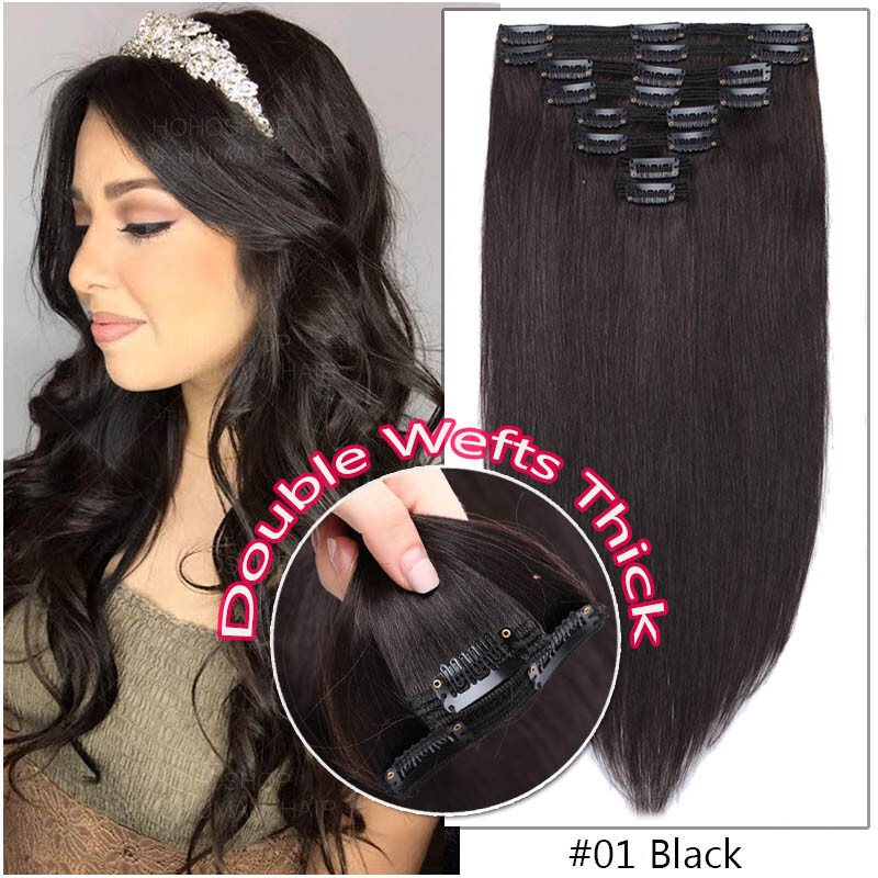 US Extra Thick Remy 100% Human Hair Extensions Clip In Full Head Double Weft 18″