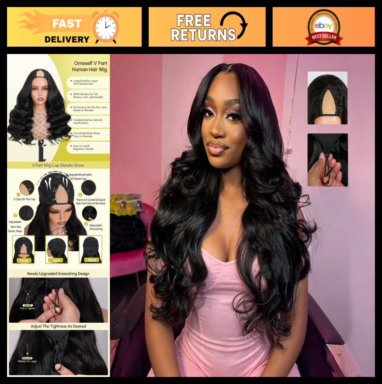 200 Density Body Wave V Part Wig – No Glue, No Sew, Drawstring Half Wig, 22 Inch