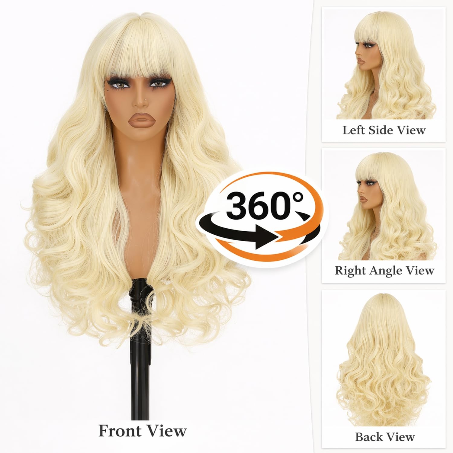 Long Body Wave Blonde Wig With Bangs – 26 Inch Long Wavy Blonde Wig with Bang…