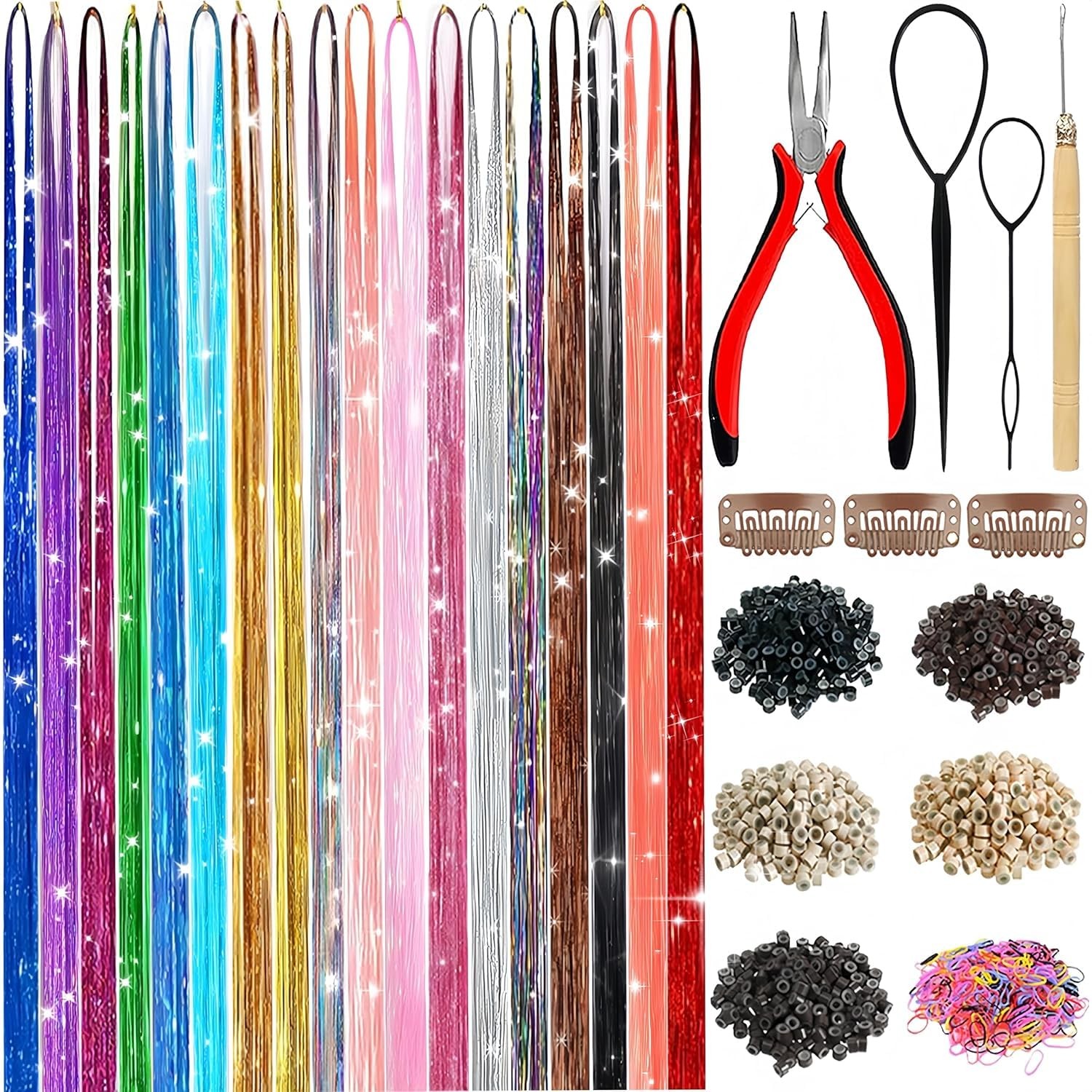 Hair Tinsel,18 Colors Hair Tinsel Kit for Girls 7600 Strands Fairy Tinsel Hair E
