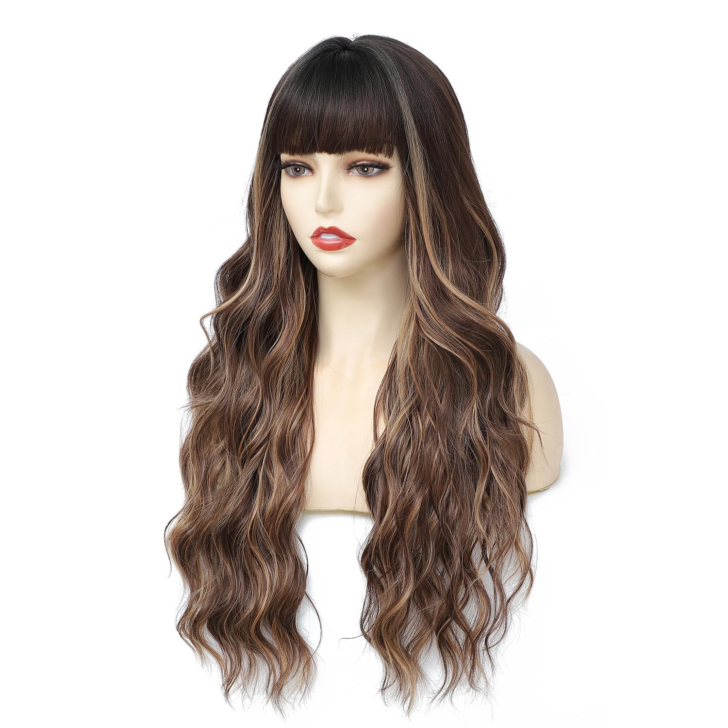 Long Highlight Brown Wig for Women 26″ Dark Brown Wig with Bangs Wavy Hair Mo…