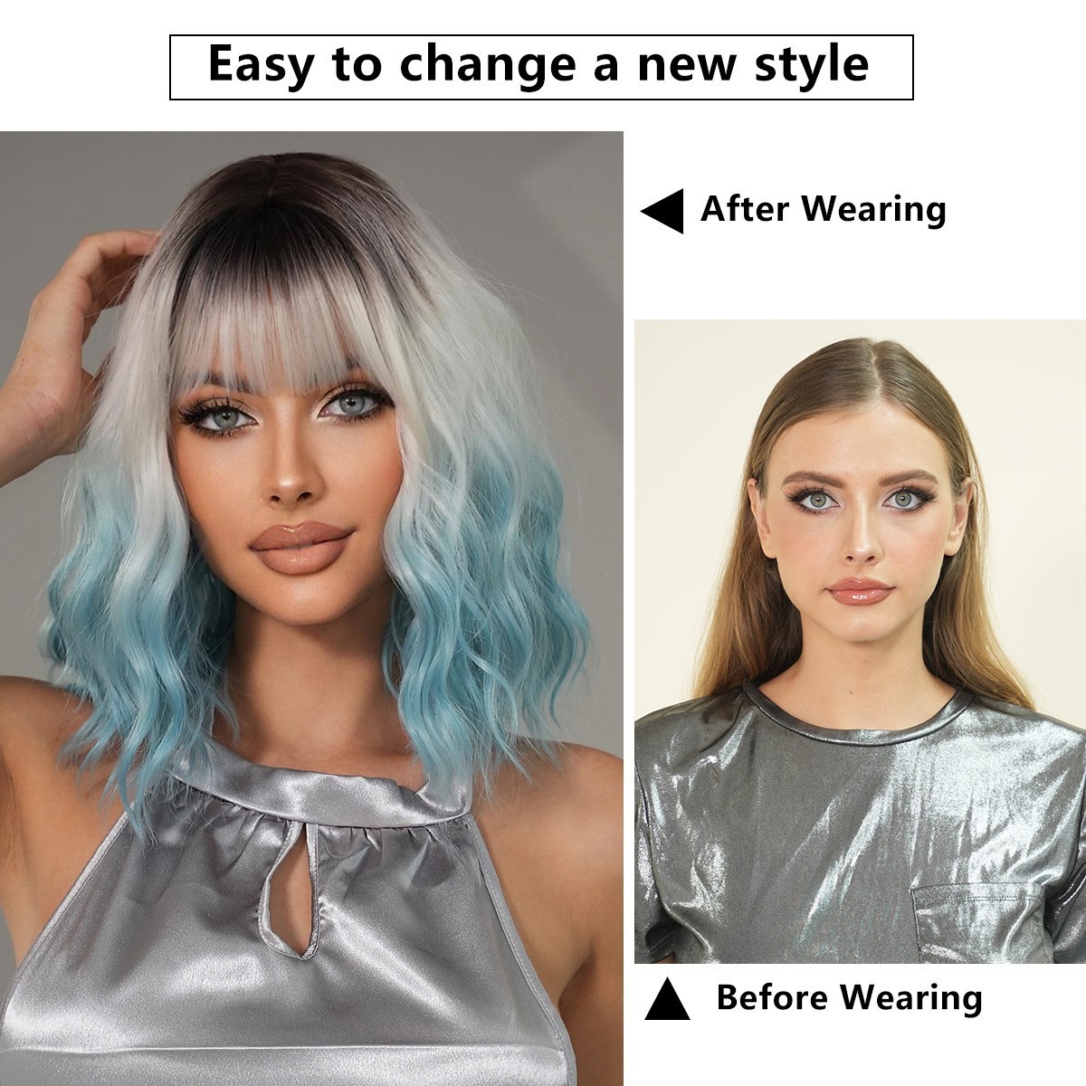 Ombre Blue Cosplay Wig Short Bob Wavy Wigs With Bangs for Women Girls Party Dai