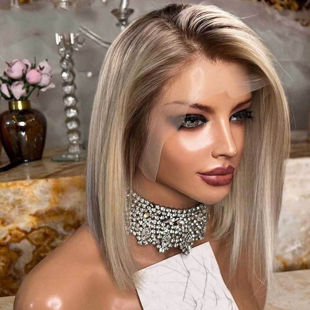 Ash Blonde Short Bob Wigs with Dark Roots 100% Human Hair Lace Front Wigs 13×4