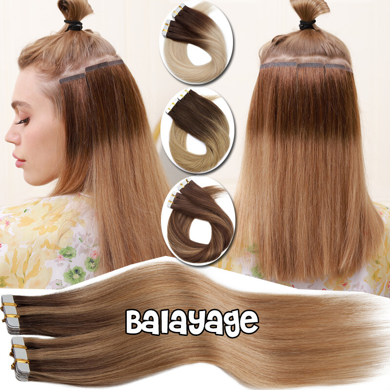 100g Tape In Human Hair Extensions Full Head Skin Weft Brown Ombre 40pcs Long US