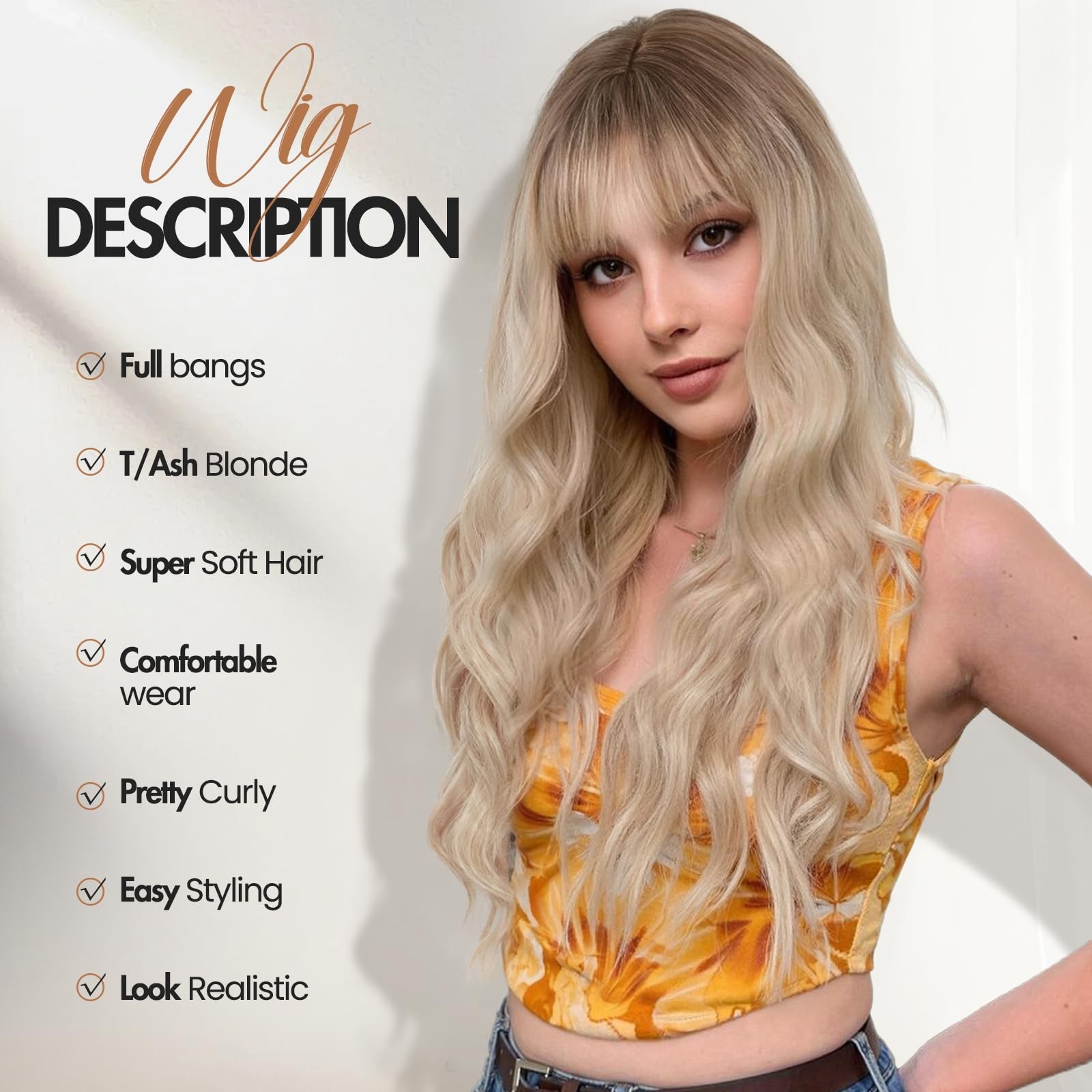 Strawberry Blonde Wig with Bangs T/Ash Blonde Ombre with Dark Roots Heat Resi…