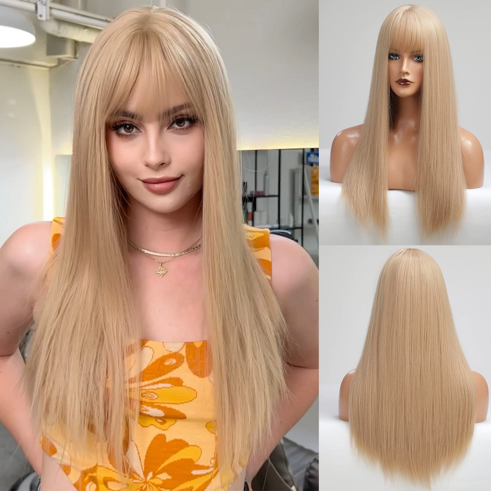Light Blonde Wig With Bangs For Women Long Straight Wigs wig Synthetic For Gi…