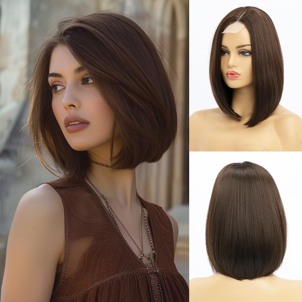 Short Dark Brown Straight Wig For Women Synthetic Hair Small Lace Front Wig 12In
