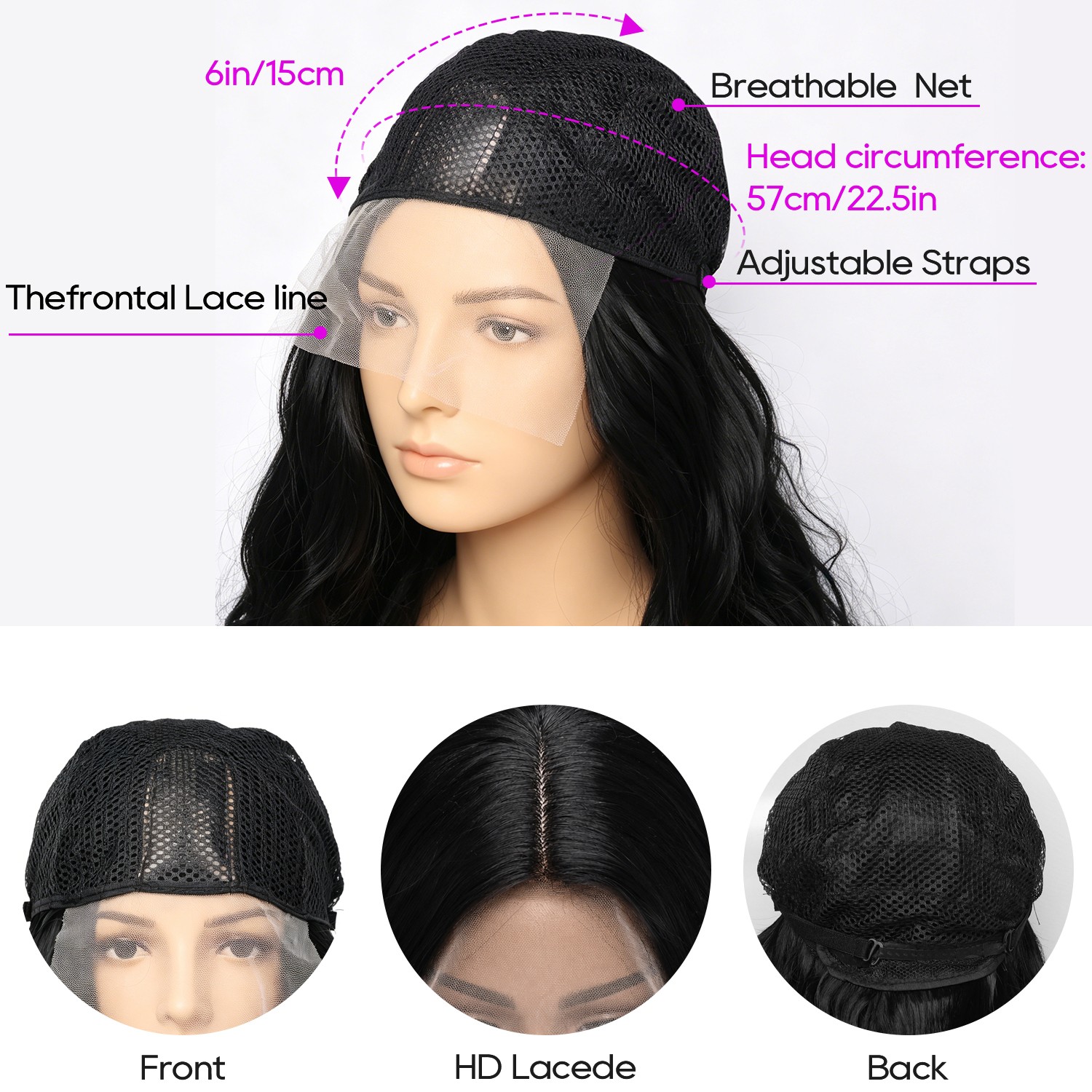 32in Heat-Resistant Fiber‌ Front Wigs Womens Long Curly Lace Wavy Hair Wig Black