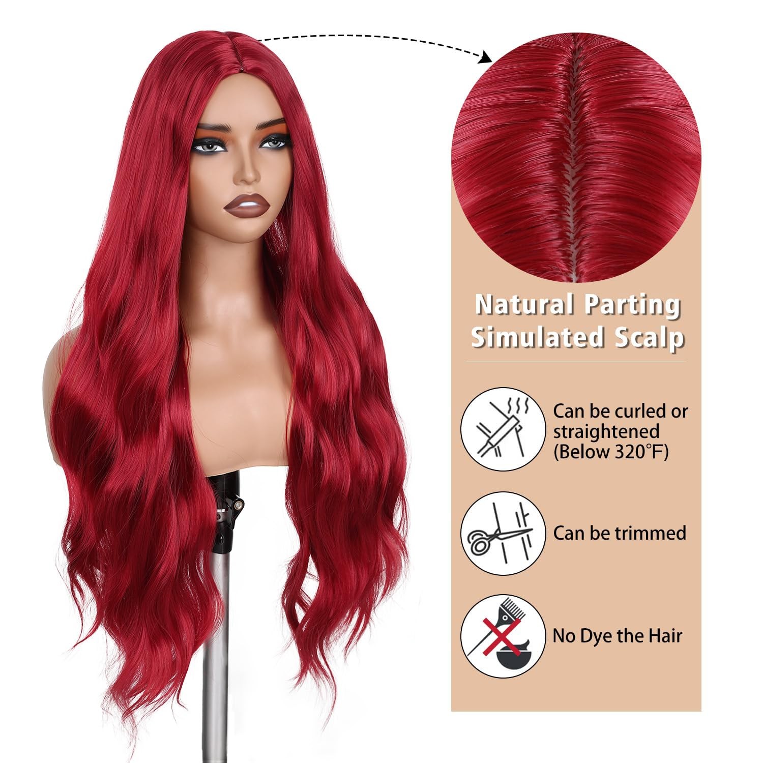 Red Wigs for Women Mermaid Waves Synthetic Wig 28 Inches Middle Part Long Wav…