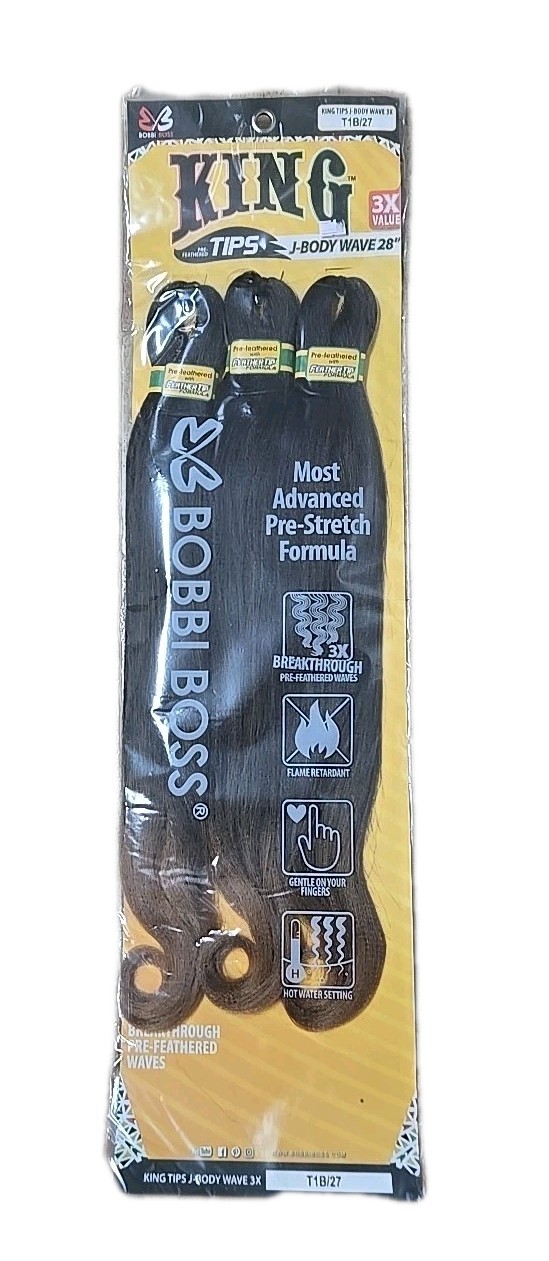 BOBBI BOSS TIPS KING J BODY WAVE 28″ Pre-Feathered Tips Color T1B/27 (3 Per Bag