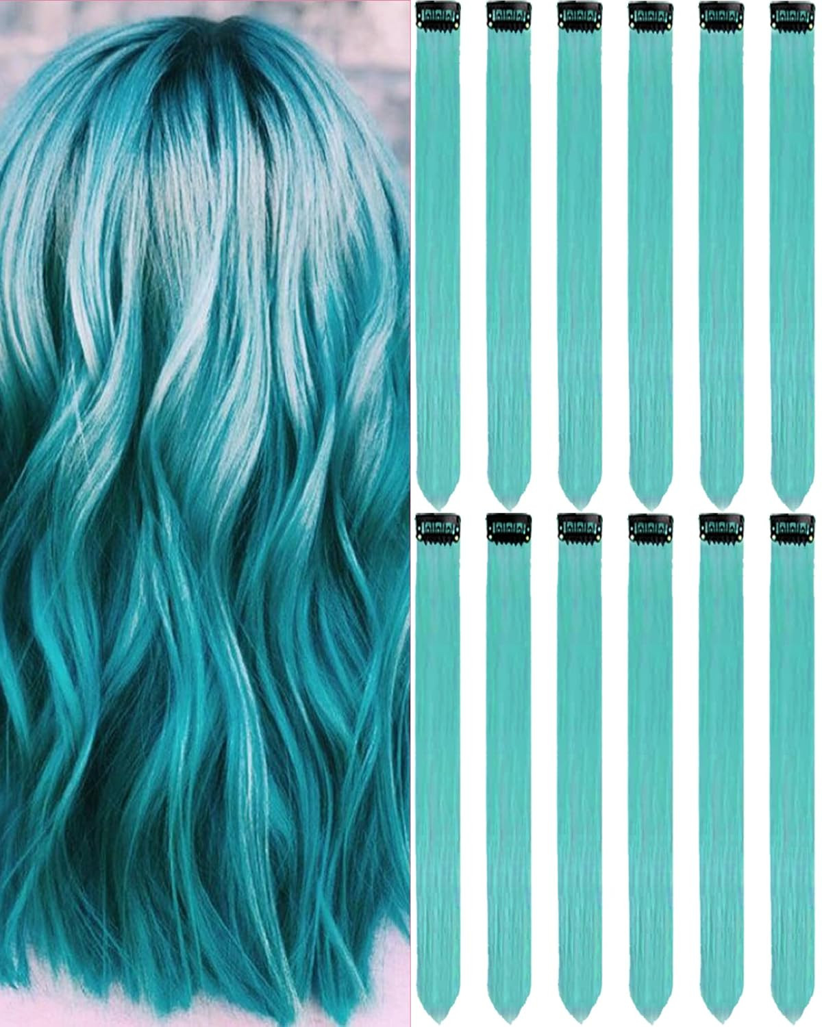Teal Blue Clip-In Hair Extensions, 22 Inch Synthetic Highlights for All Ages