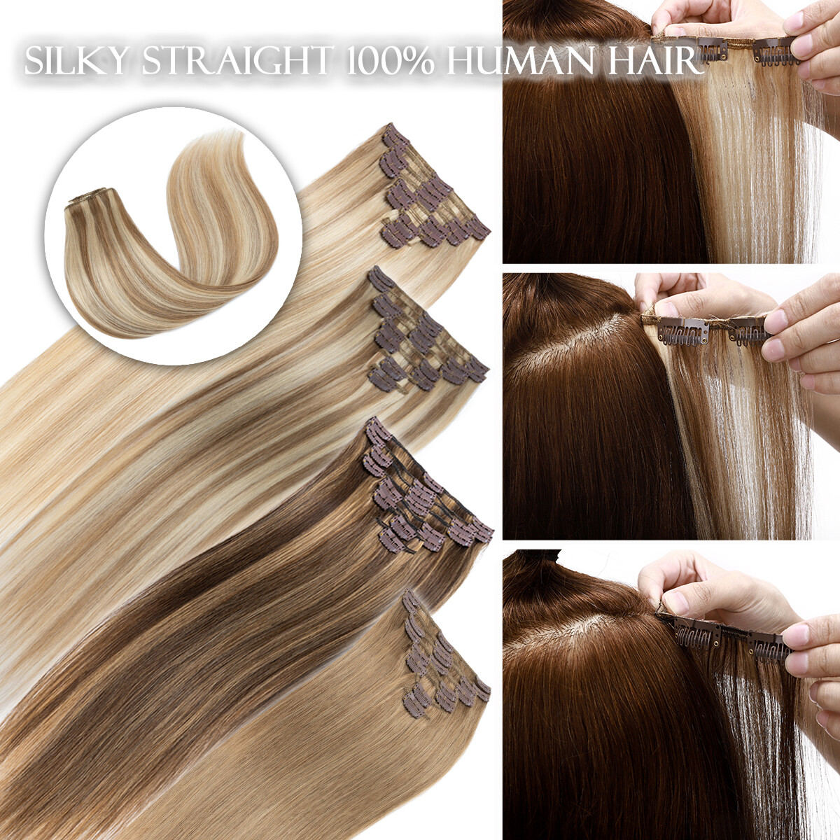 100% Human Hair Clip In Remy Hair Extensions Real Soft FULL HEAD Invisible Grey#