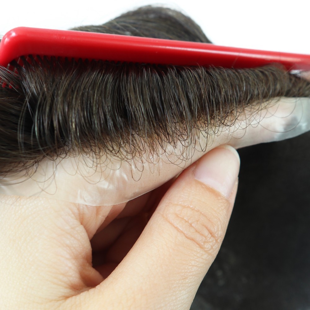 Mens Toupee Thin Skin Knotted Human Hair Replacement System Hairpieces Brown #4