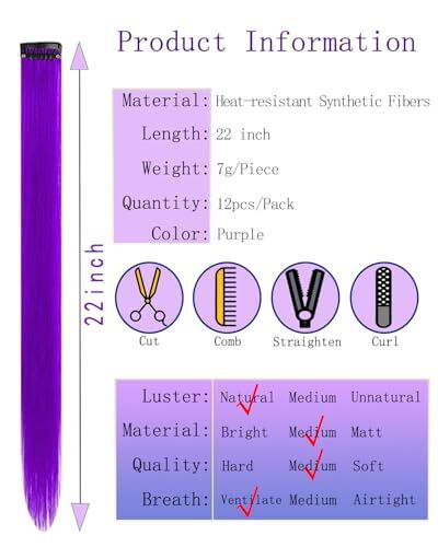 22 Inch Colored Hair extension 12 Pcs Clip in Hair Extension for Women Purple