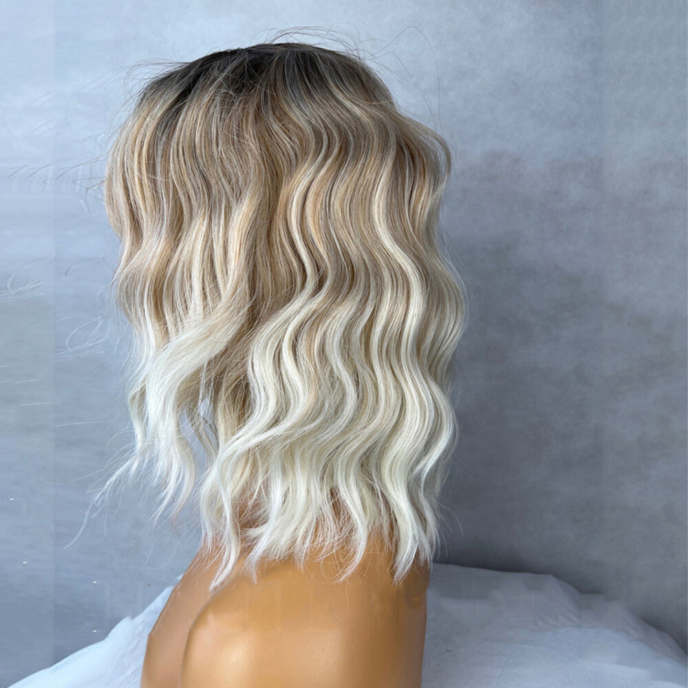 12″ Ash Blonde to Light Blonde Balayage Bob Wave Wig Lace Front Human Hair Wigs