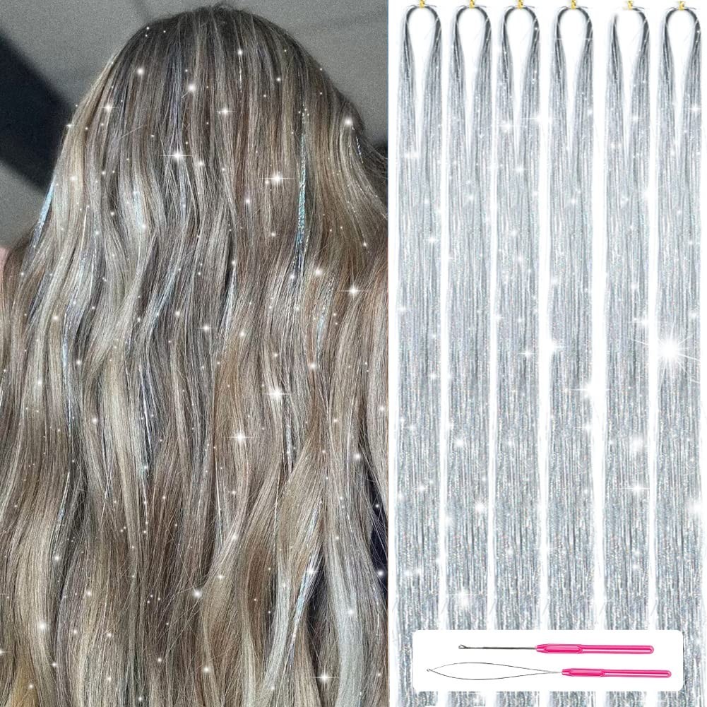 70s Inspired Sparkling Silver Hair Tinsel Kit – 1200 Strands for Fun Hair Styles
