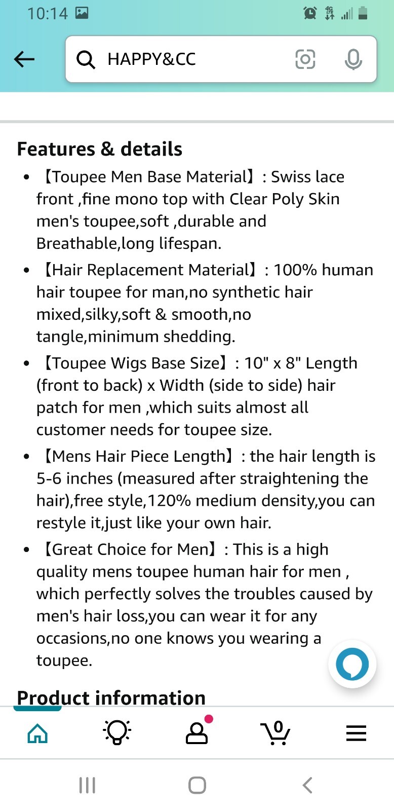 Happy&cc Toupee Men Human Hair #1B Thin Skin Pu Quality Virgin. 30mm Wave Curl.