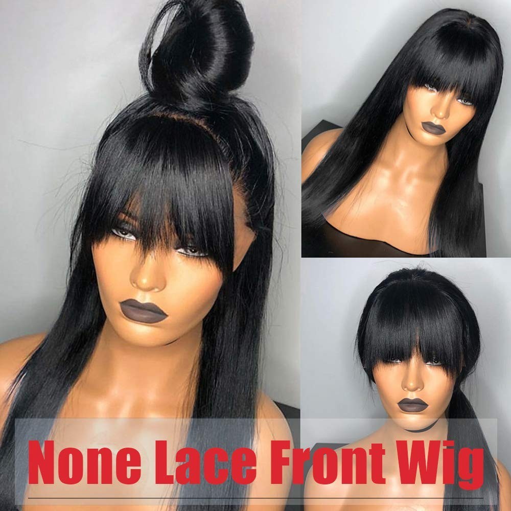 Black Wig with Bangs Long Straight Human Hair Wig for Women No Lace Front Wig