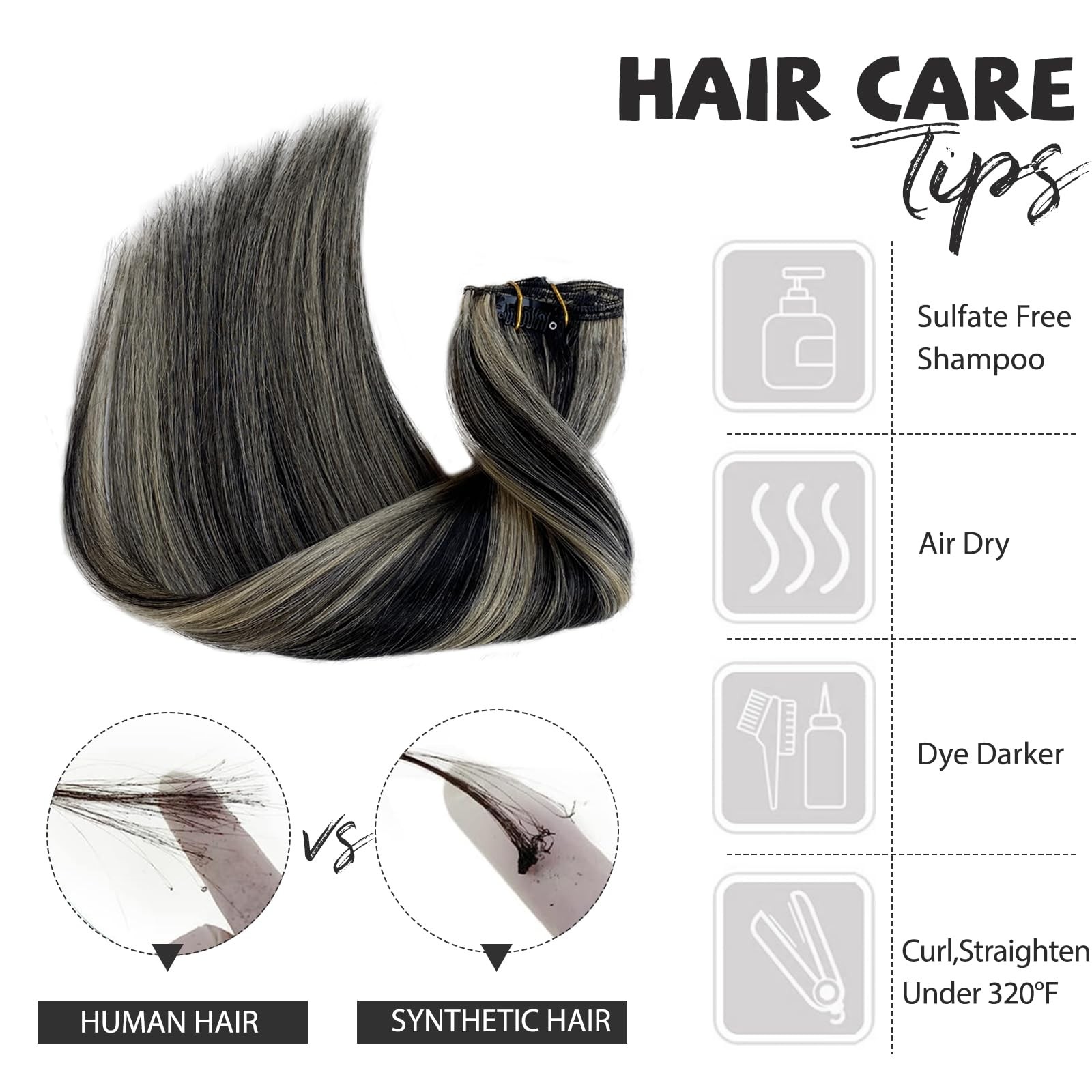 Clip in Hair Extensions Full Head 14 Inch 70g Natural Black Mix Blonde Highli…