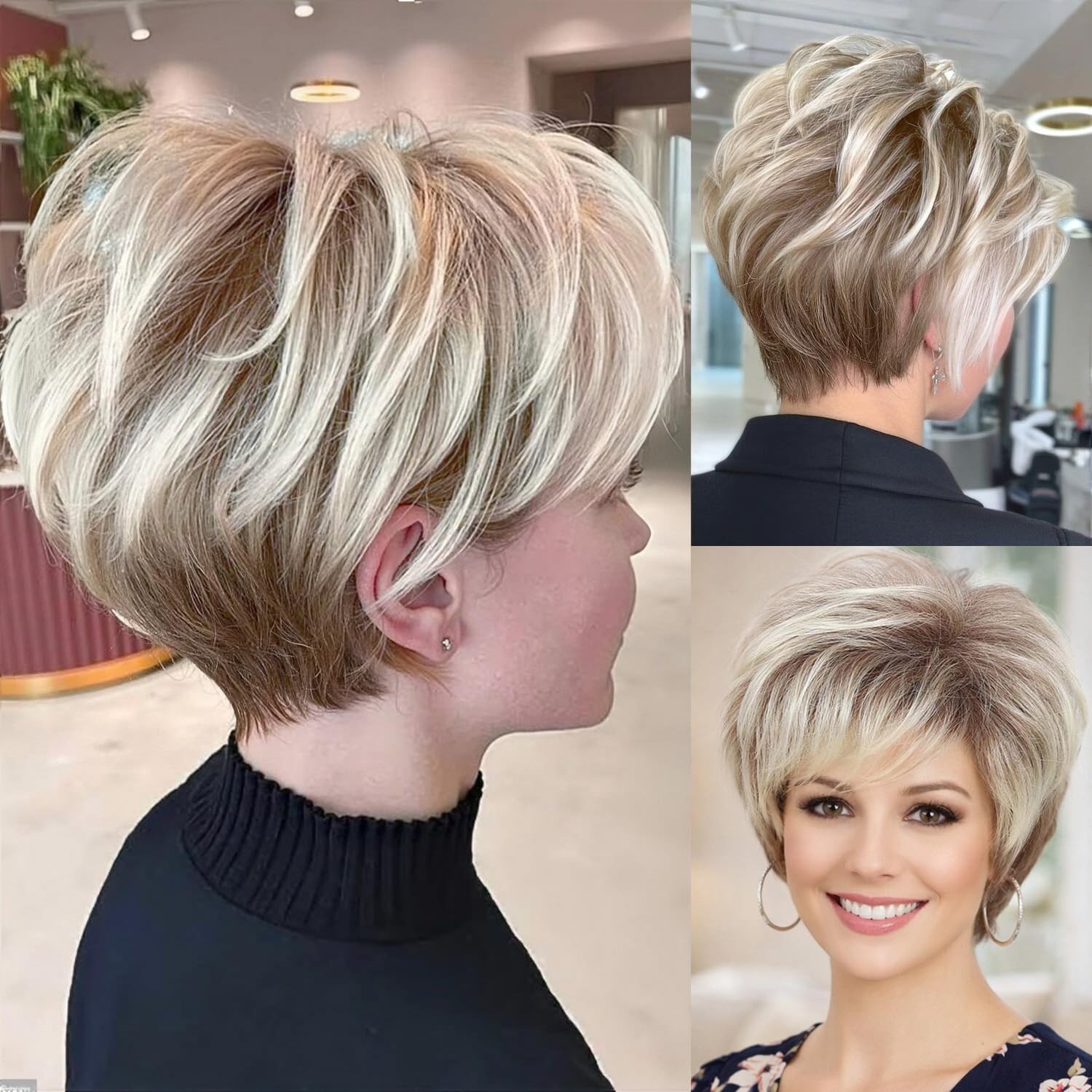 Short Blonde Pixie Cut Wig for White Women, Layered Ombre Blonde Synthetic Wi…