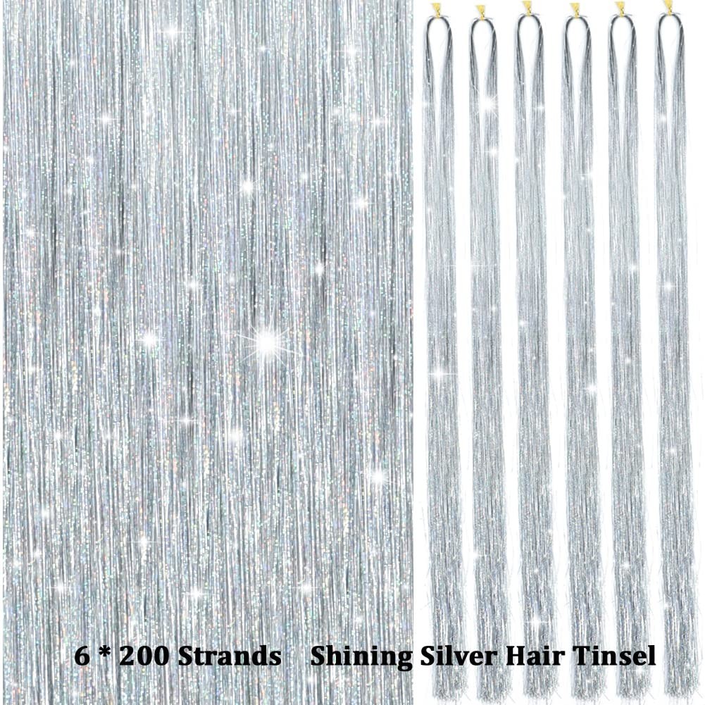 70s Inspired Sparkling Silver Hair Tinsel Kit – 1200 Strands for Fun Hair Styles