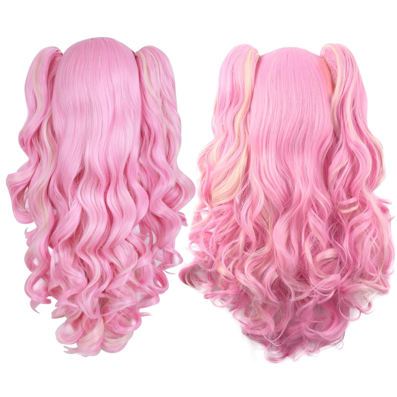 Multi-Color Lolita Long Curly Clip on Synthetic Ponytails Cosplay Wig (Pink/B…