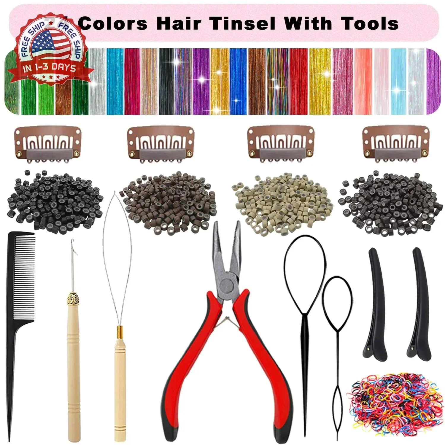 Hair Tinsel, 24 Colors 9800 Strands Hair Tinsel Kit with Tools 48 Inch Glitter T