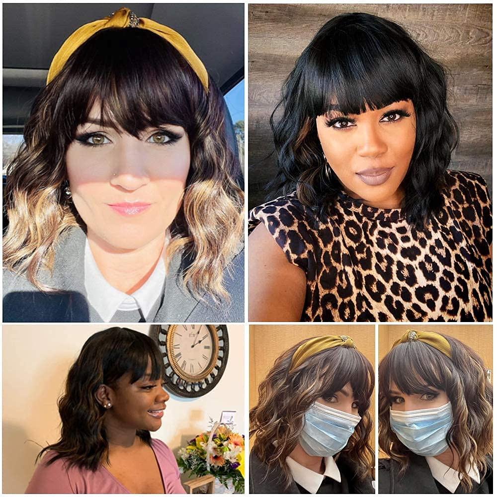 Ucubb Black Mixed Brown Wig for Black Women 14 Inch Short Wavy Hair Wigs Curly