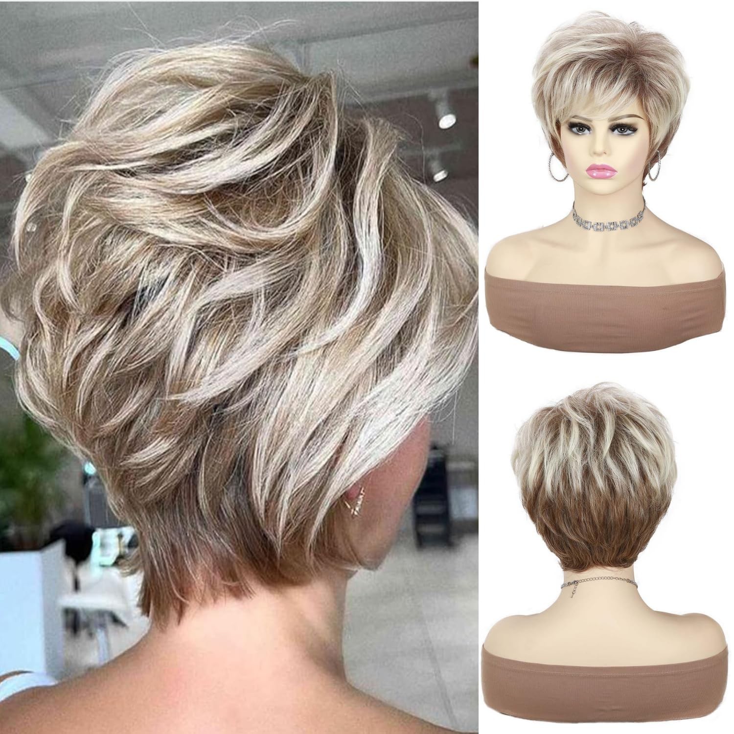 Short Blonde Pixie Cut Wig for White Women, Layered Ombre Blonde Synthetic Wi…