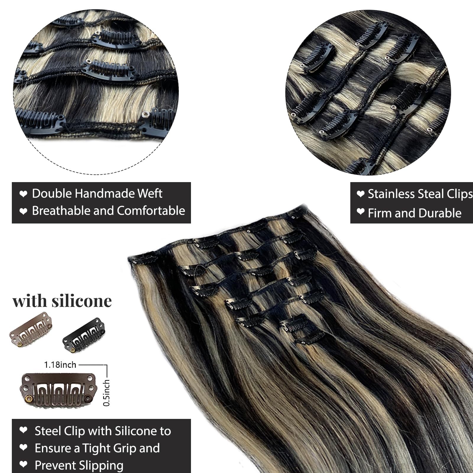 Clip in Hair Extensions Full Head 14 Inch 70g Natural Black Mix Blonde Highli…