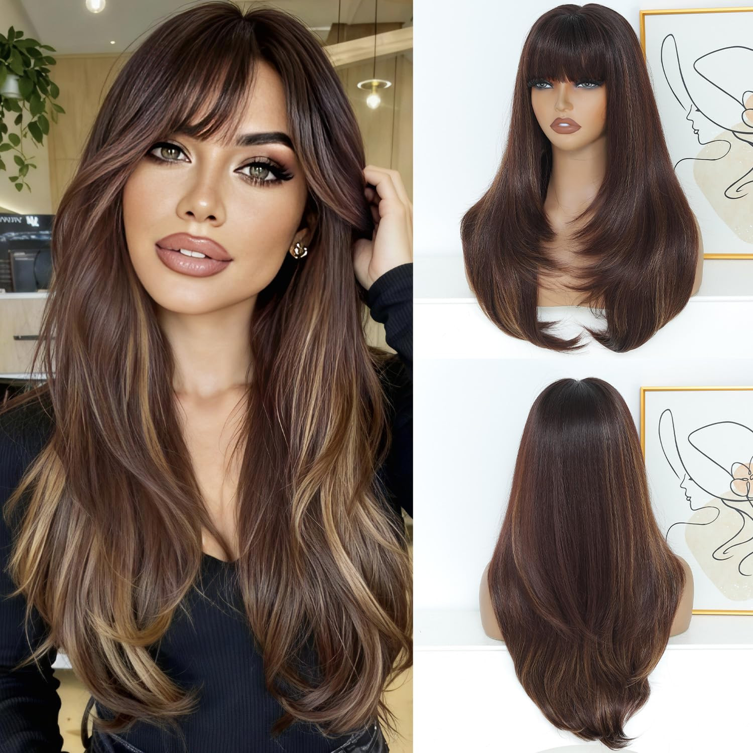 Brown Highlight Layered Wig with Bangs 26 Inch Long Wavy Brown Wigs for Women He