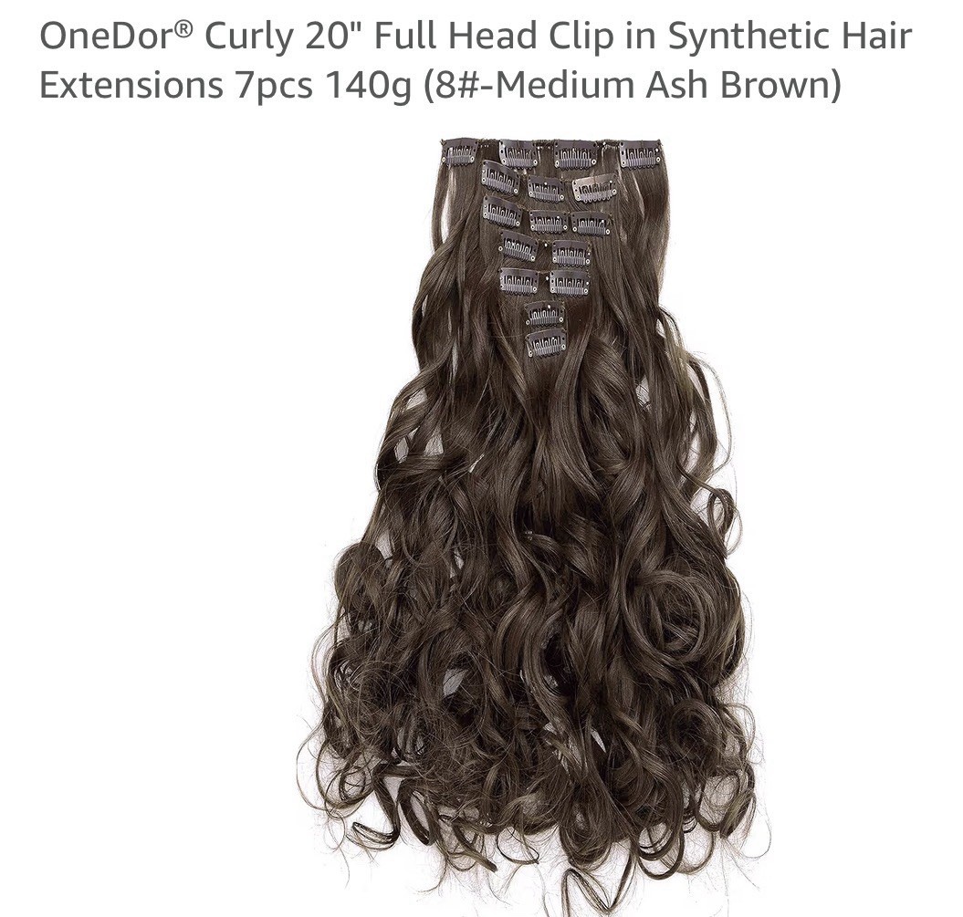OneDor Curly 20″ Clip-In Synthetic Hair Extensions 7pcs 140g Medium Ash Brown