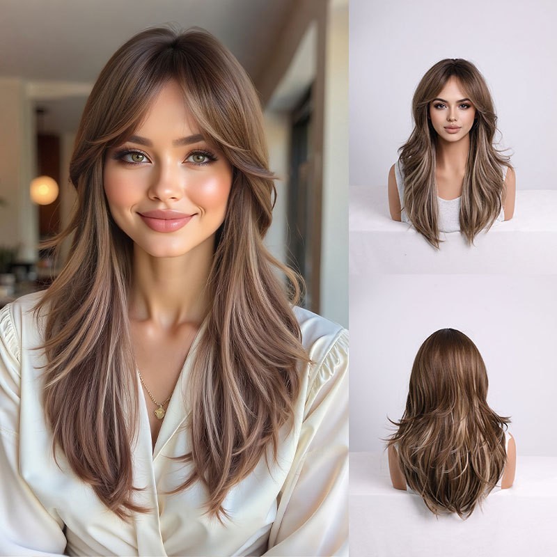 21in Brown to Blonde Ombre Wavy Layered Wig Center Part Heat Resistant Full Cap