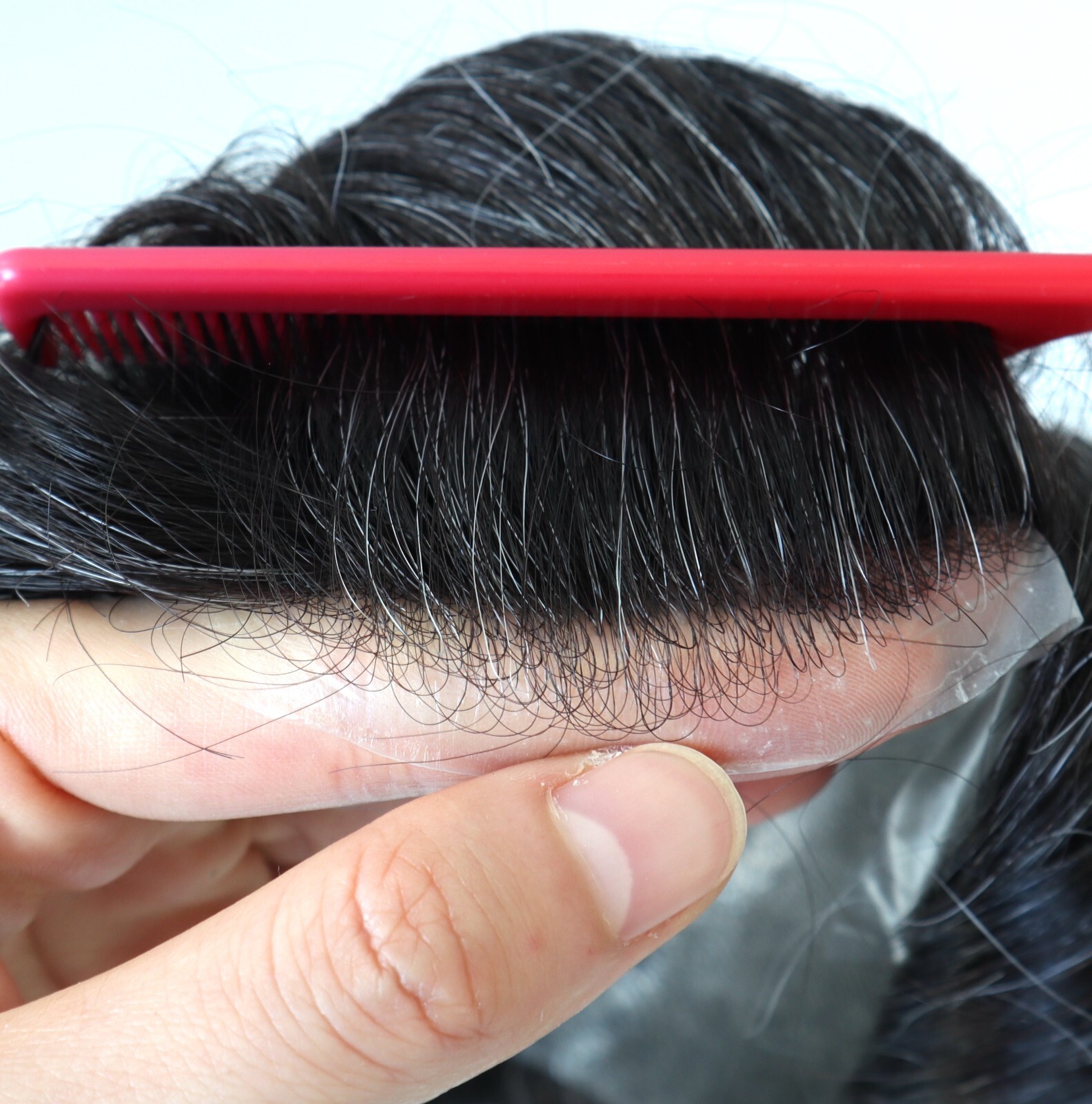 Toupee For Men Human Super Thin Skin V Looped Men Hairpiece Wig Black Grey #1B30