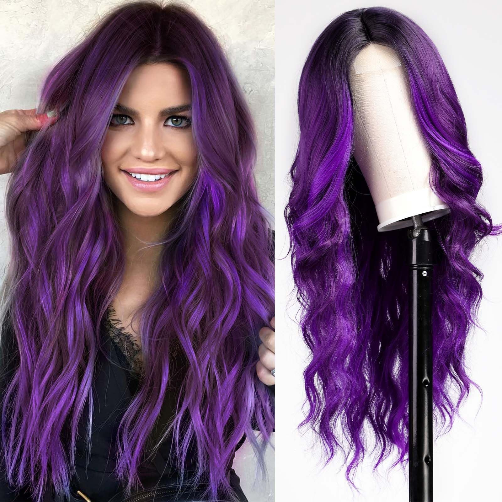 Long Ombre Purple Wavy Wig for Women 26 Inch Middle Part Curly Wig Natural Lo…