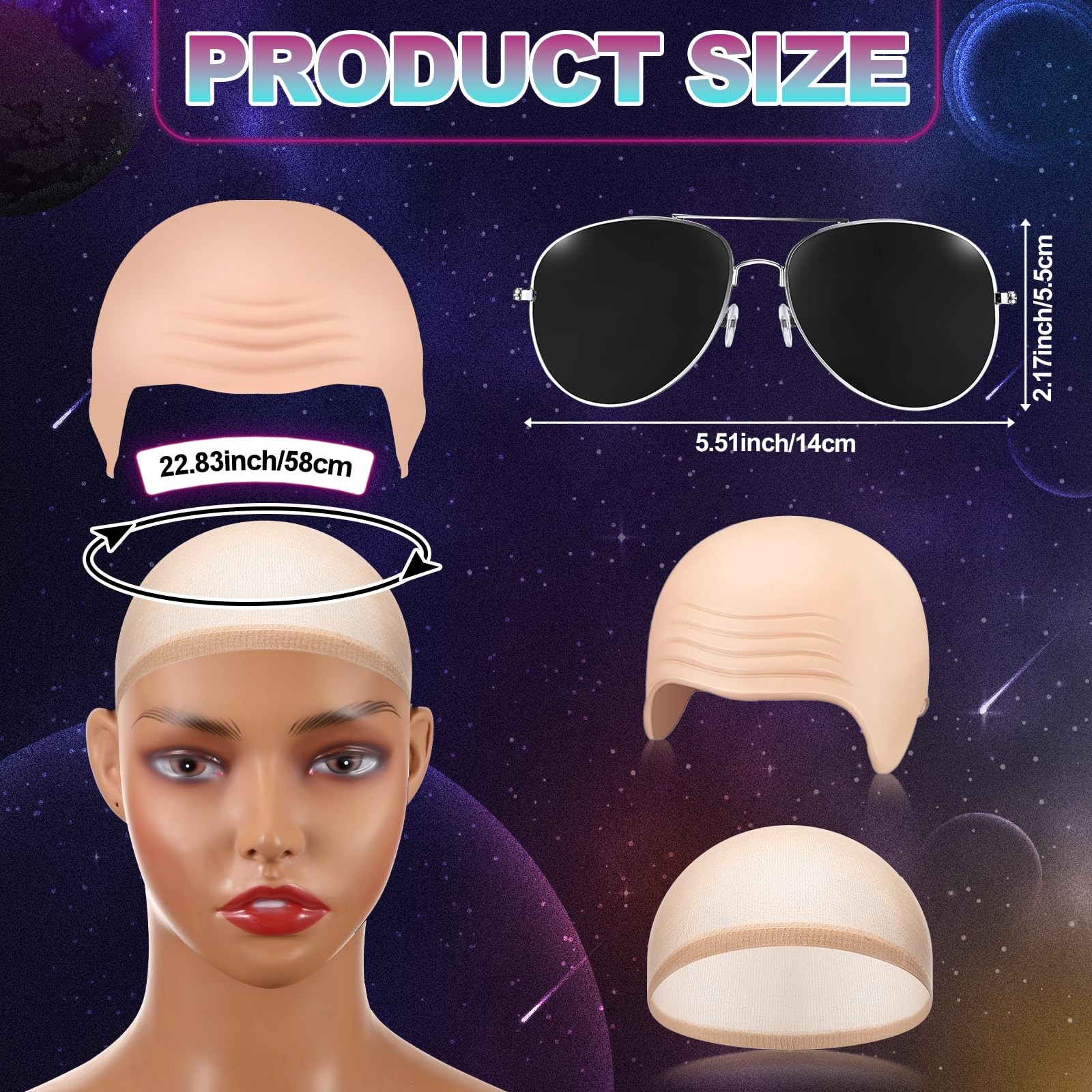 Mepase 18 Pcs Bald Caps Glasses Nylon Makeup Latex Bald Head Wig Cap For Men