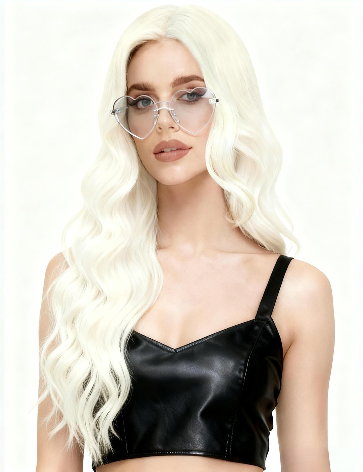 23.62 Inch Long Wavy Wig Middle Part for Women and Party Sunglasses, Curly Wa…