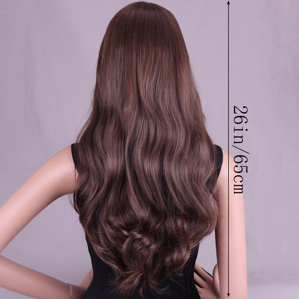 26 Inch Long Curly Full Wigs with Bangs Body Wave Hair for Women Borwn Wavy Wigs