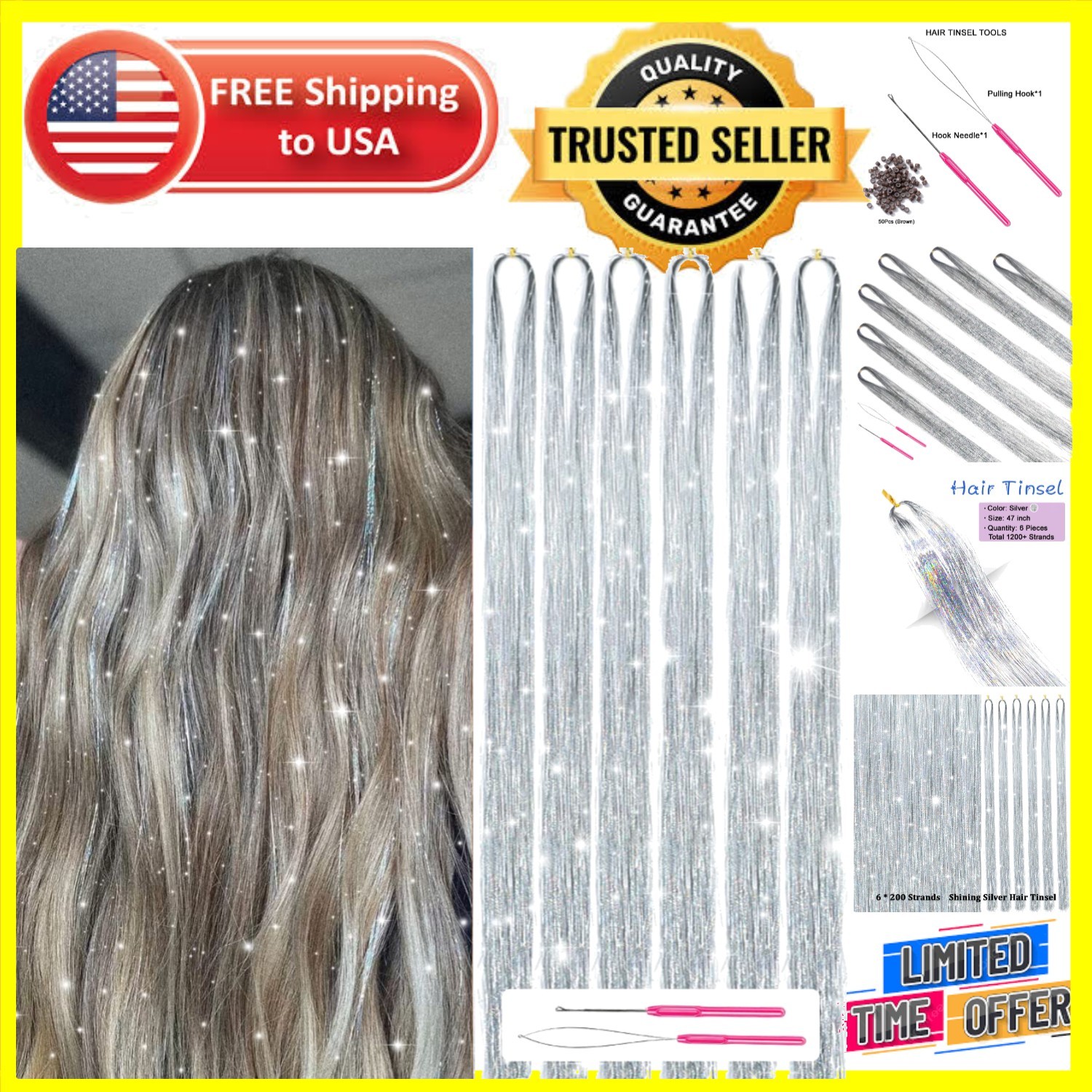 70s Inspired Sparkling Silver Hair Tinsel Kit – 1200 Strands for Fun Hair Styles