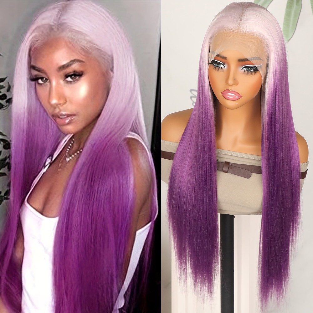 Ice Pink Ombre Purple Long Straight Hair Lace Front Wig 13×4 Pre Plucked Natural