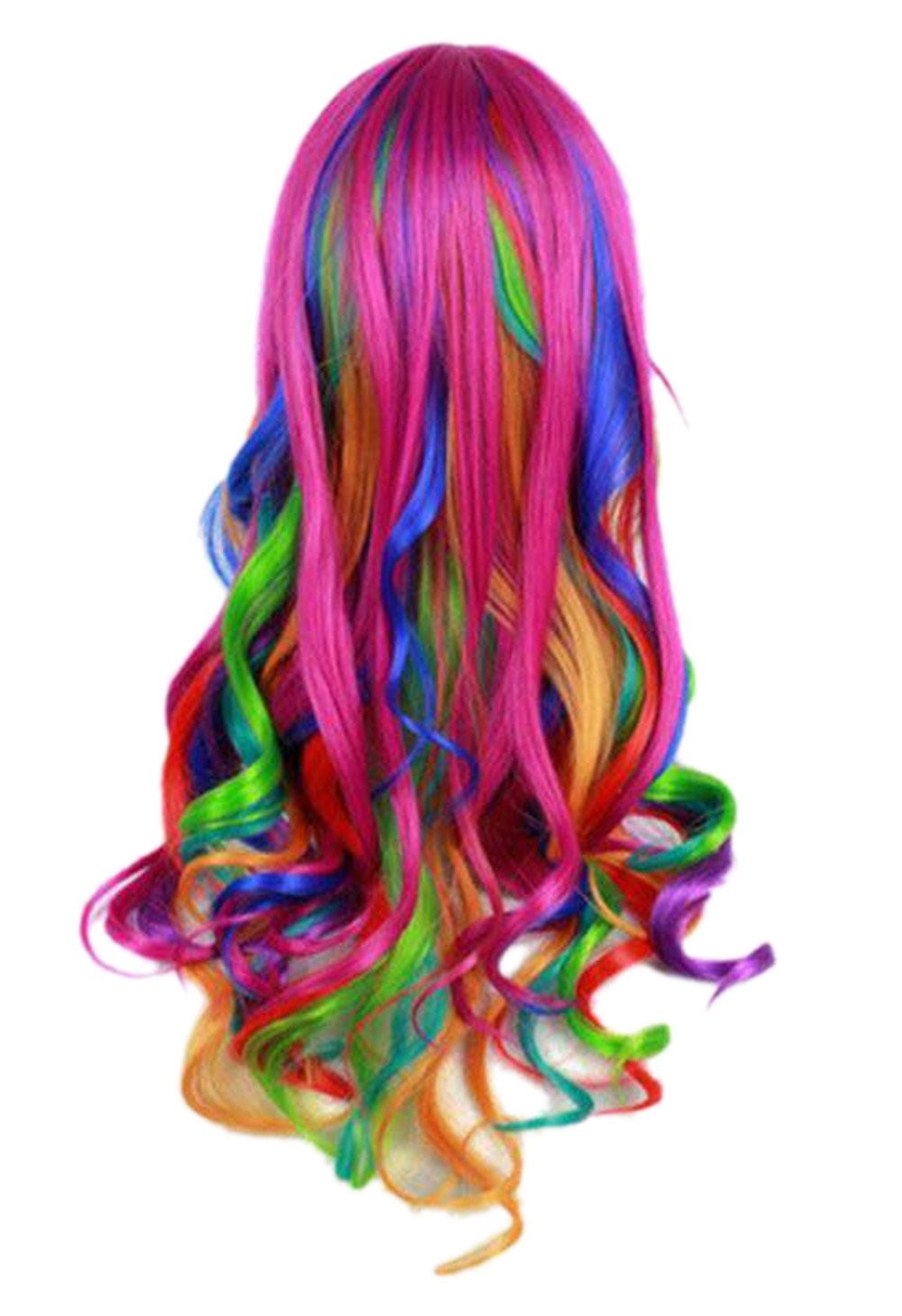 Women Long 27.56”/70cm Rainbow Curly Wig, Colorful Wavy Cosplay Heat Resista…
