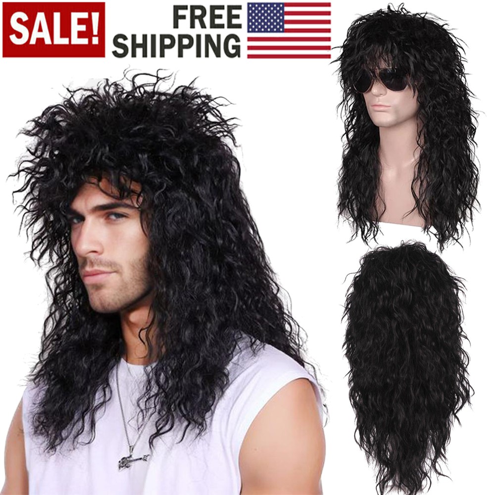 Men 80s Black Mullet Wigs Male Hair Punk Heavy Metal Rocker Wig Ideal for Party